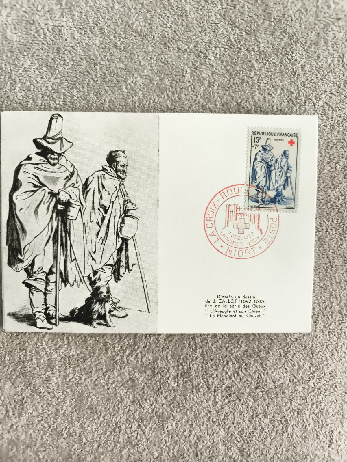Carte Premier Jour Croix-Rouge 1957 Niort, timbre 15F Callot, philatélie France