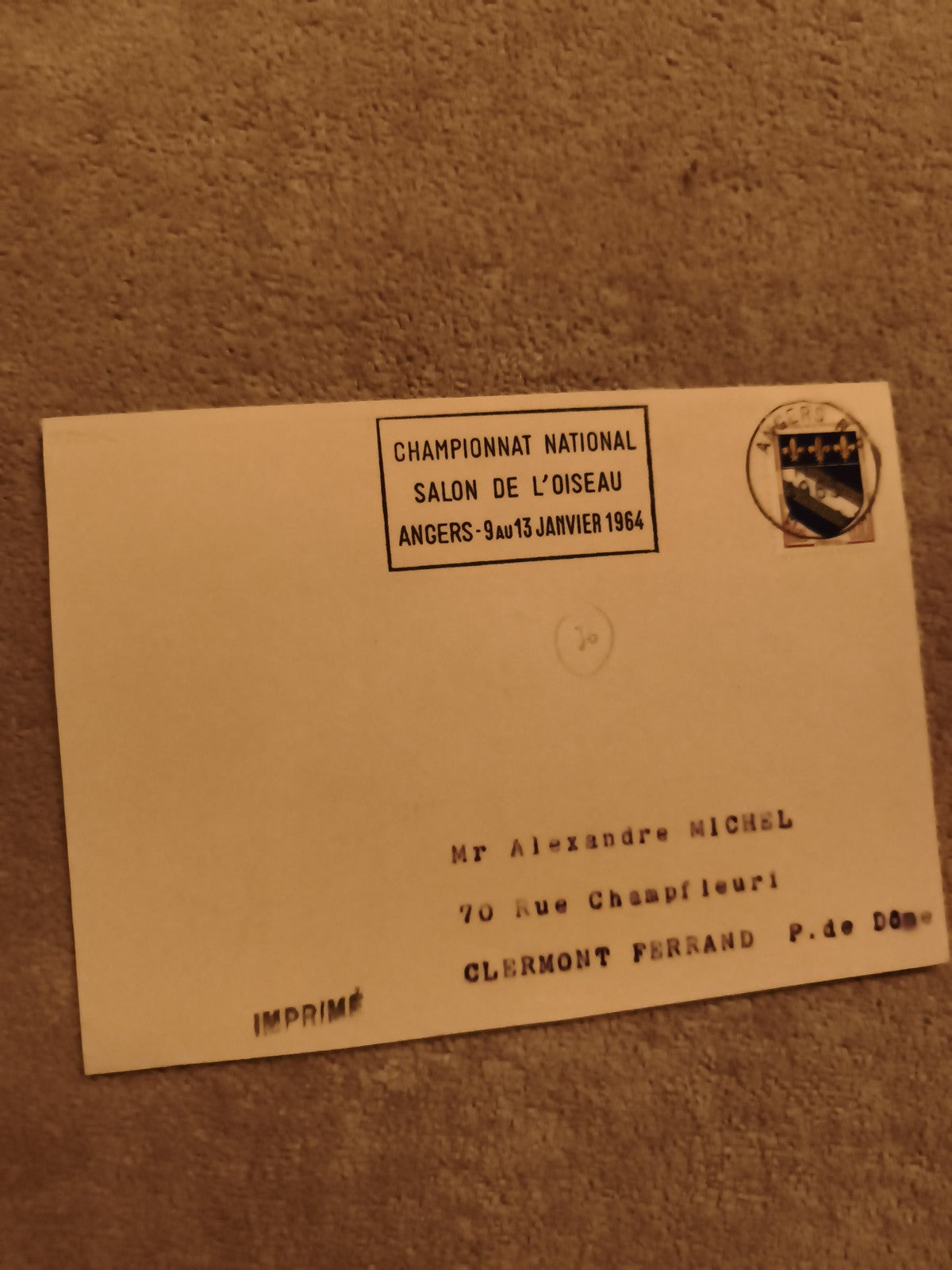 Lettre imprimée Championnat National Oiseau Angers 1964 philatélie (Ref 1)