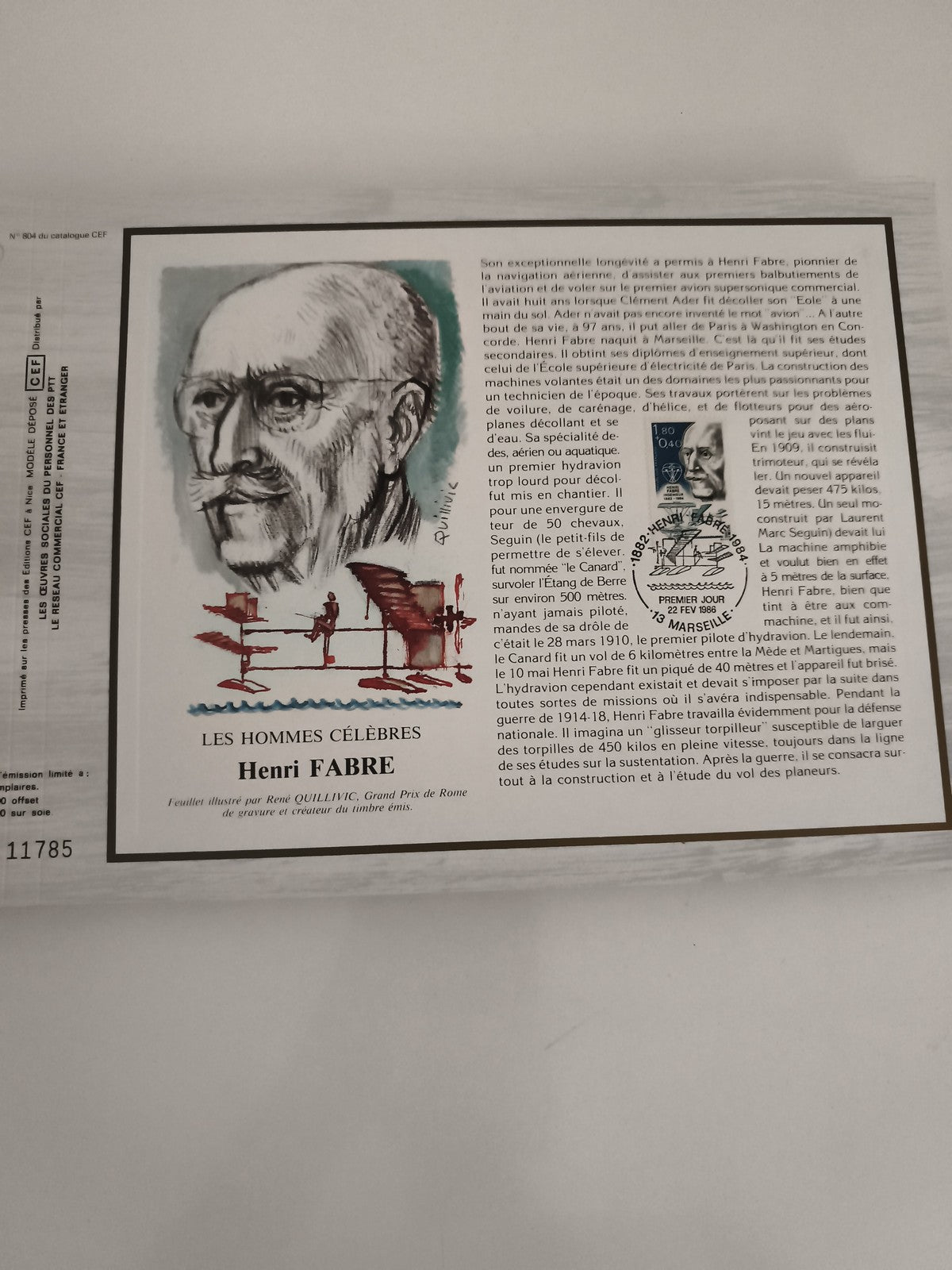 Feuillet CEF philatélie Henri Fabre timbre illustré aviation FDC