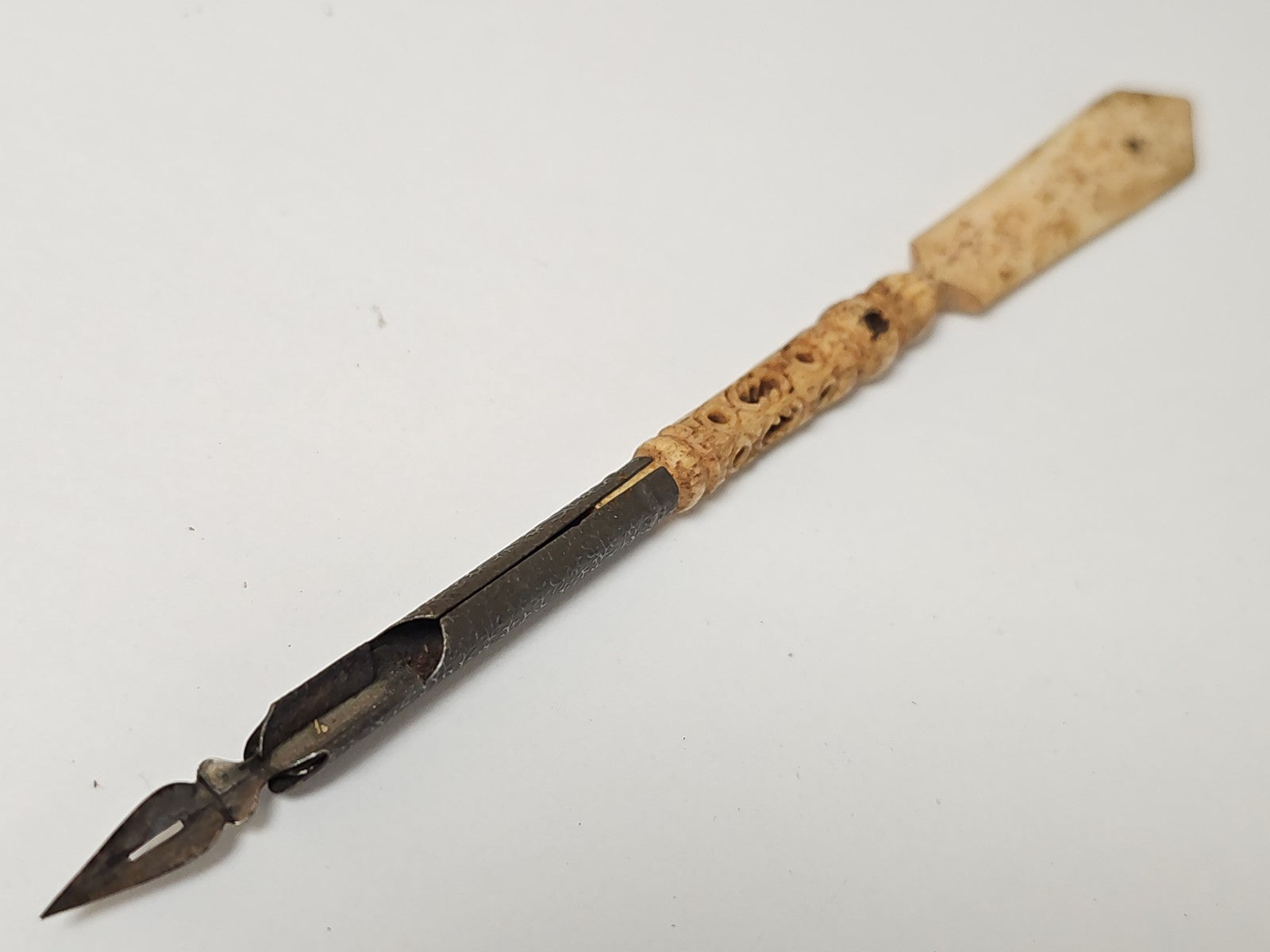Vintage old carved bone pen holder, writing collectible, retro art object