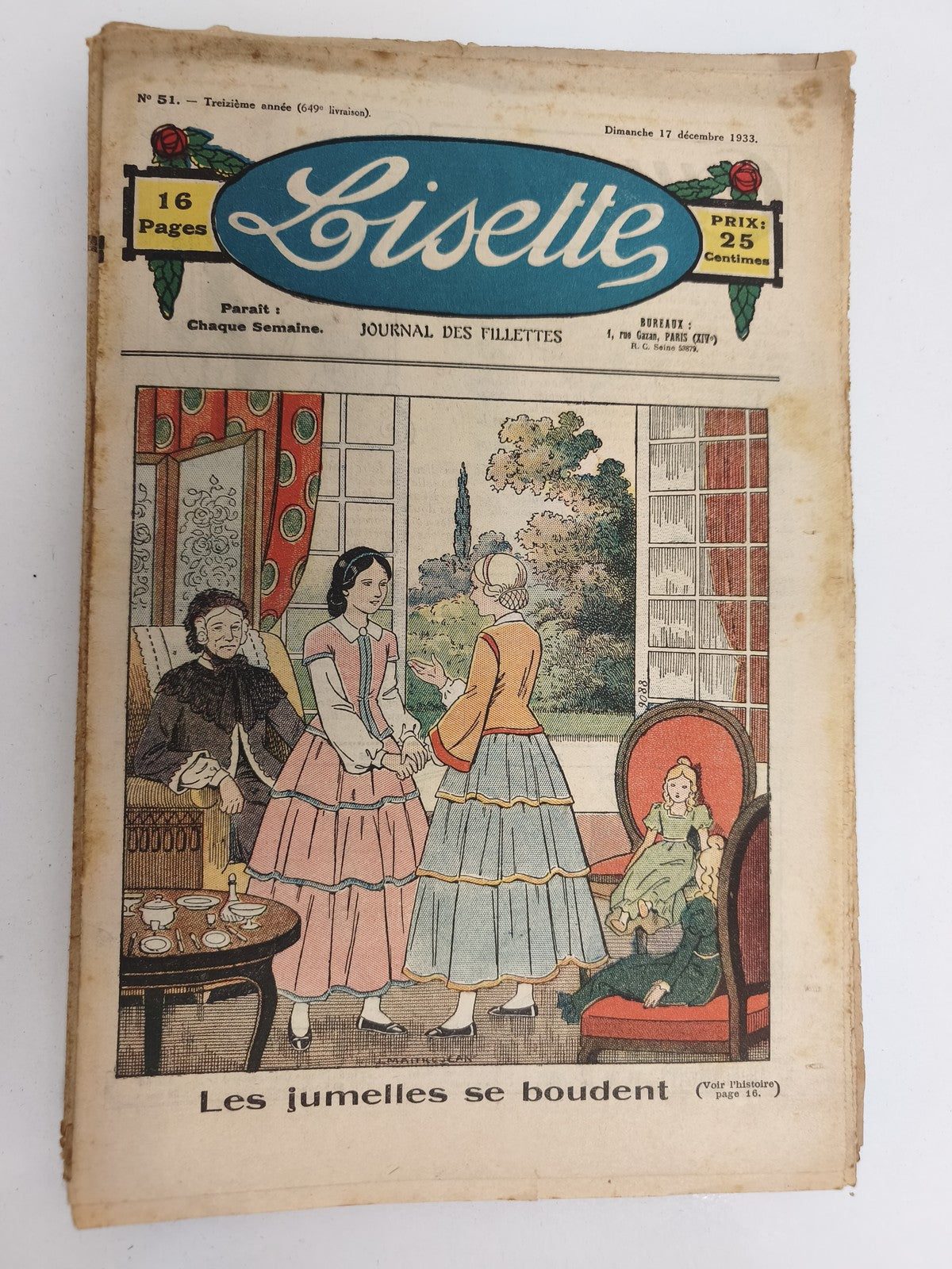 Ancien journal Lisette 1933, illustré, presse jeunesse, Les jumelles, vintage
