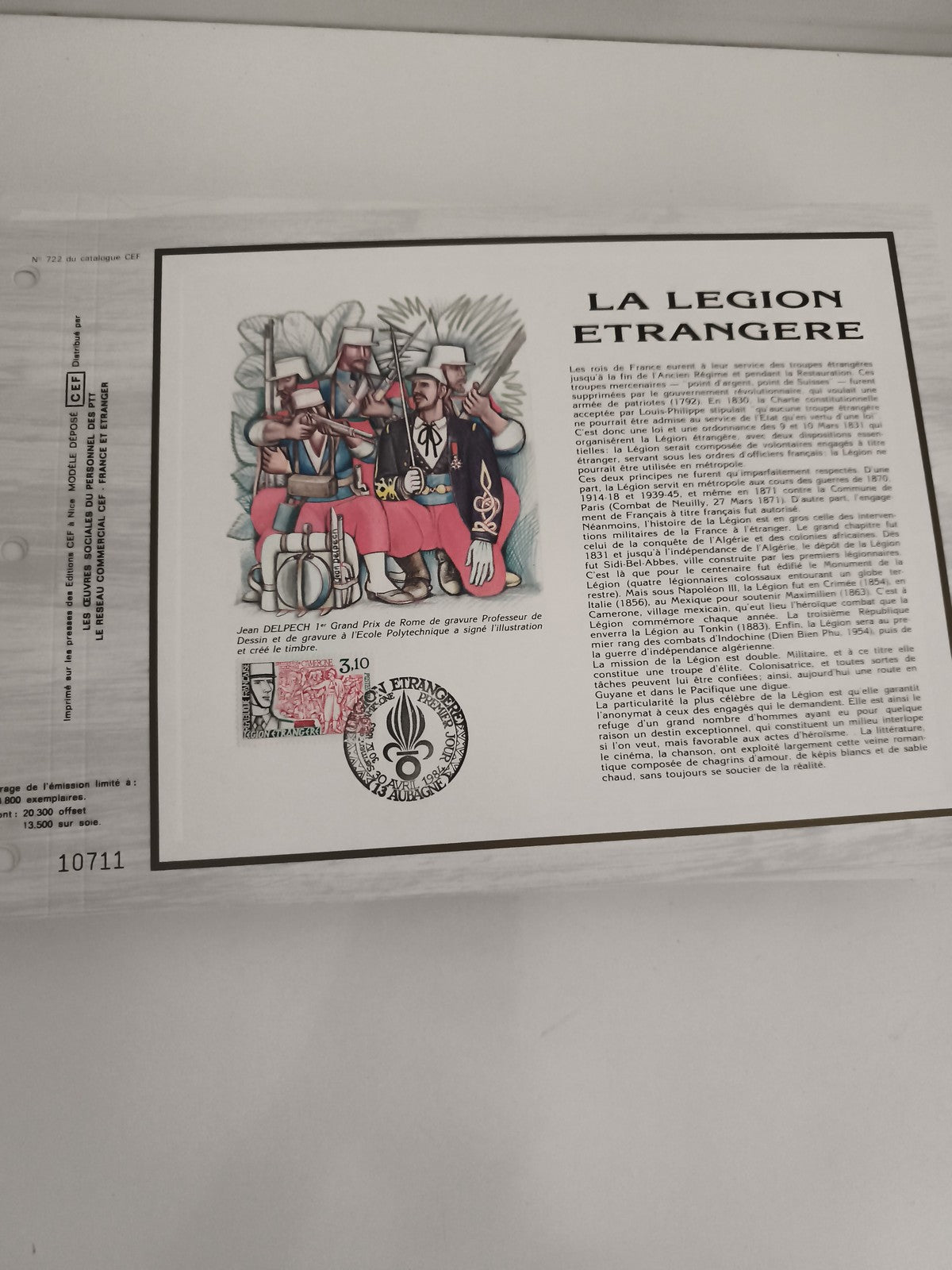 Feuillet philatélique CEF La Légion Étrangère timbre 3,10 F illustration Delpech