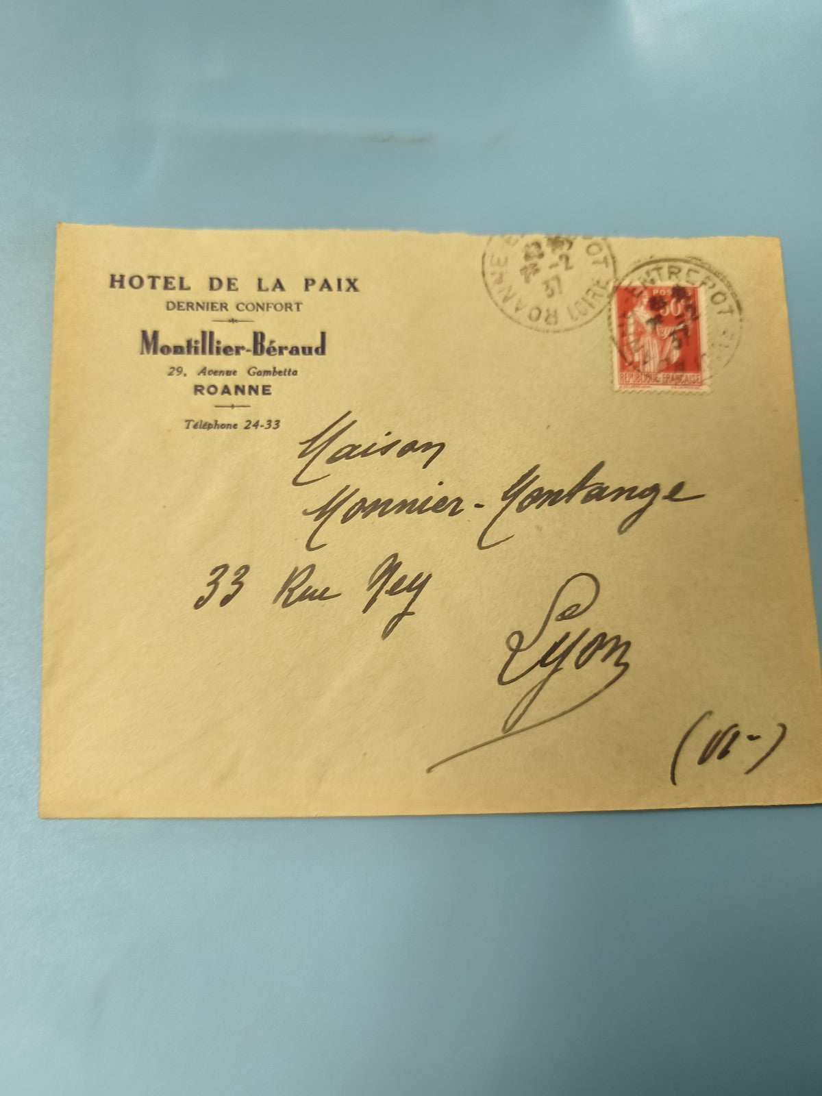 Ancienne enveloppe oblitérée Hôtel de la Paix Roanne début XXe philatélie