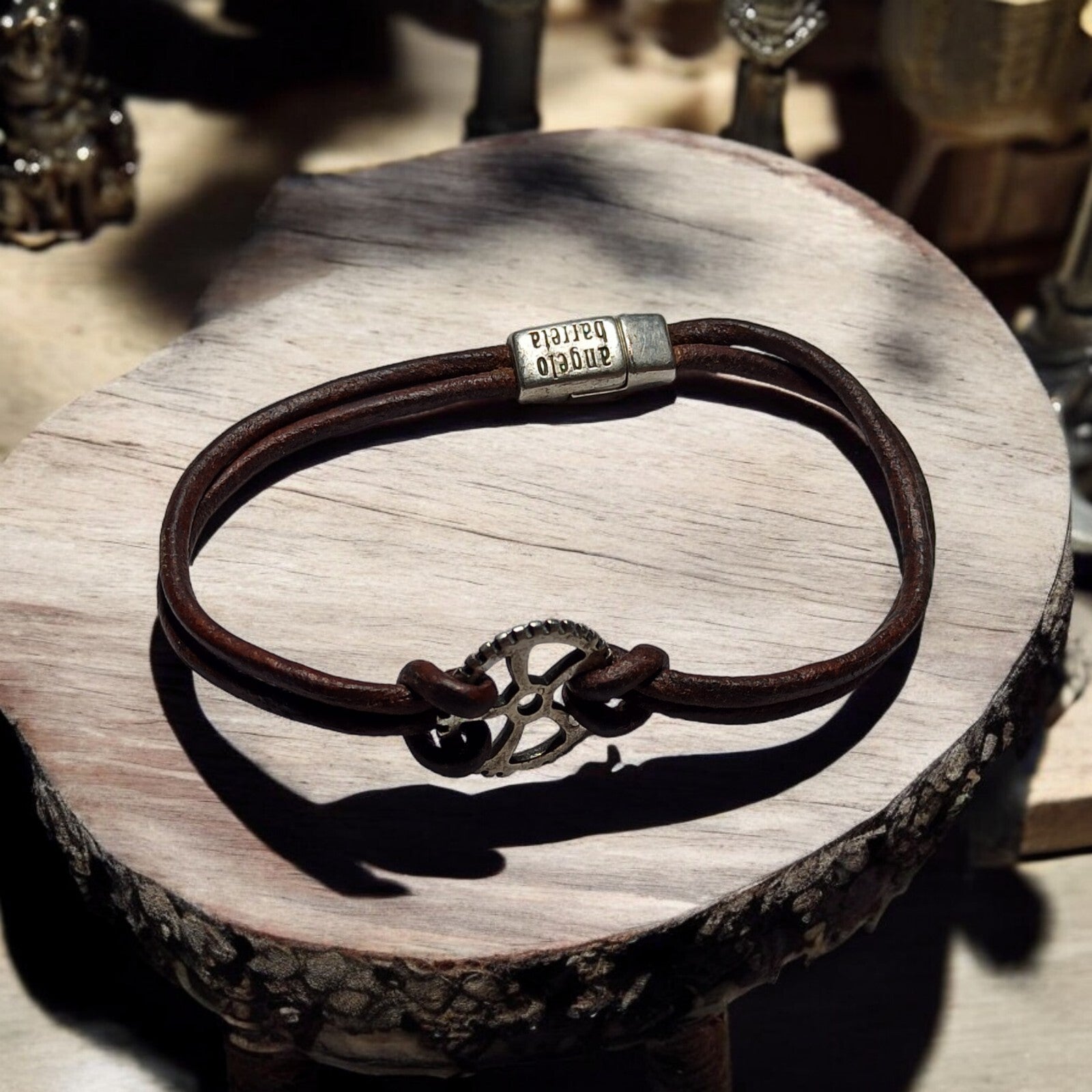 Bracelet cuir marron Angelo Barreta homme, fermoir métal, style classique