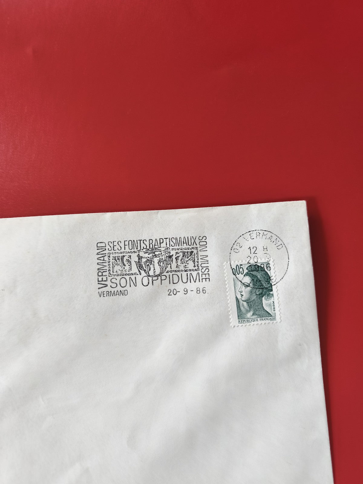 Enveloppe philatélie oblitérée Vermand Marianne timbre France 1986 cachet postal