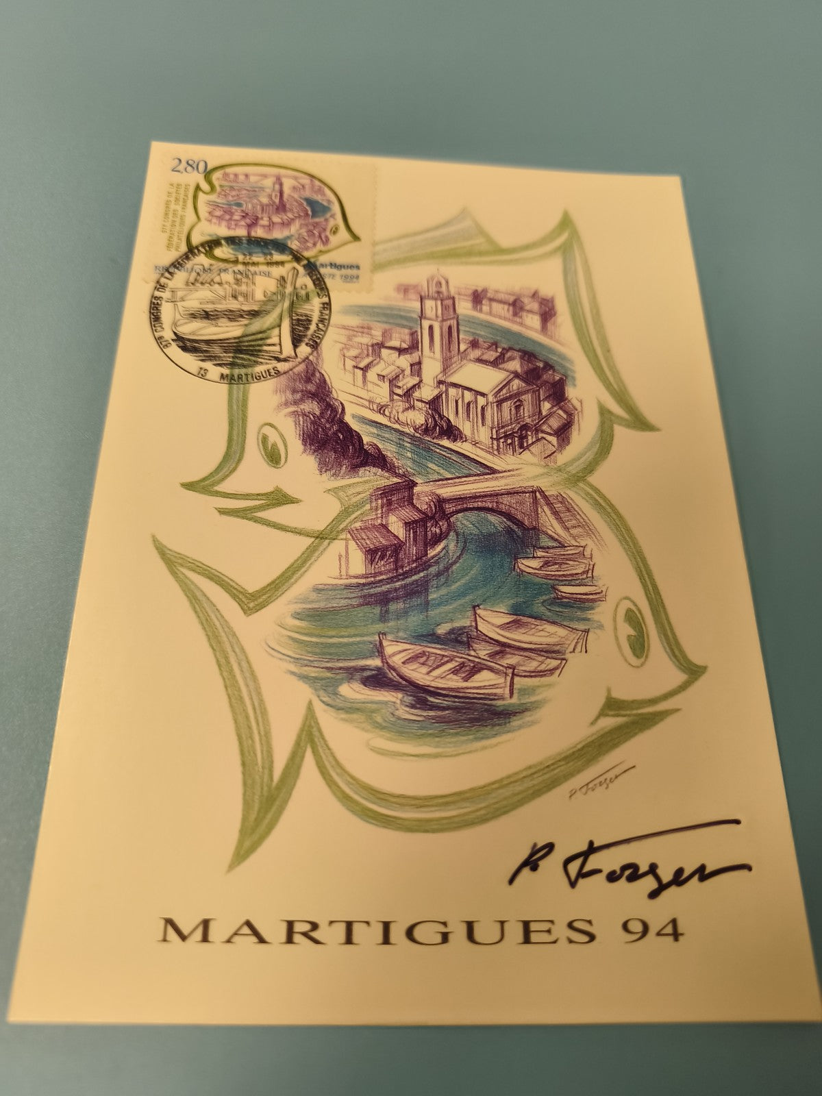Carte postale philatélie Martigues 94, illustration bateaux et église, cachet 19