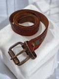 Ceinture Levis vintage cuir brun, boucle gravée rétro, accessoire ancien homme