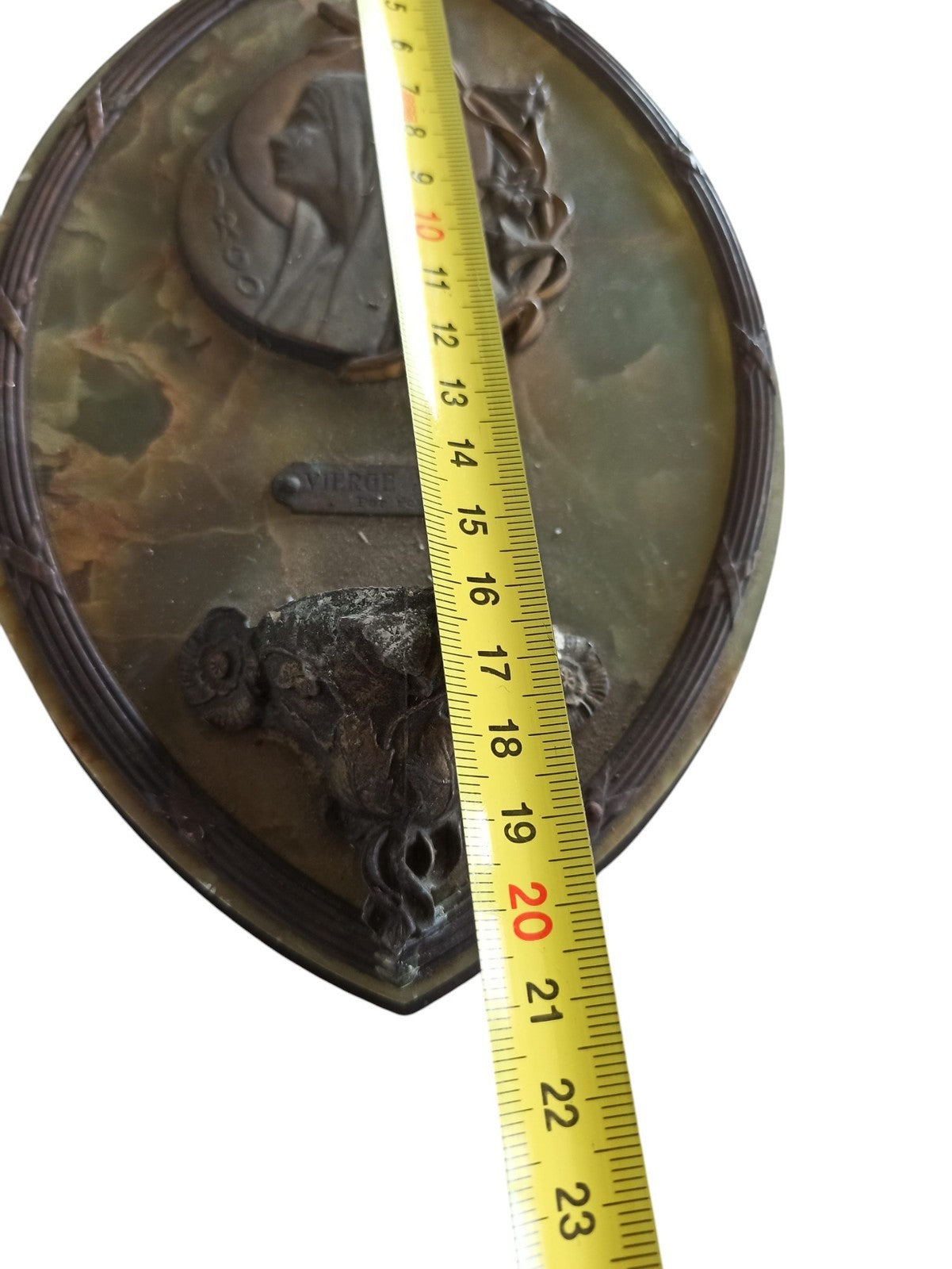Bénitier ancien Art Nouveau marbre bronze Vierge au Lis signé Dirgo