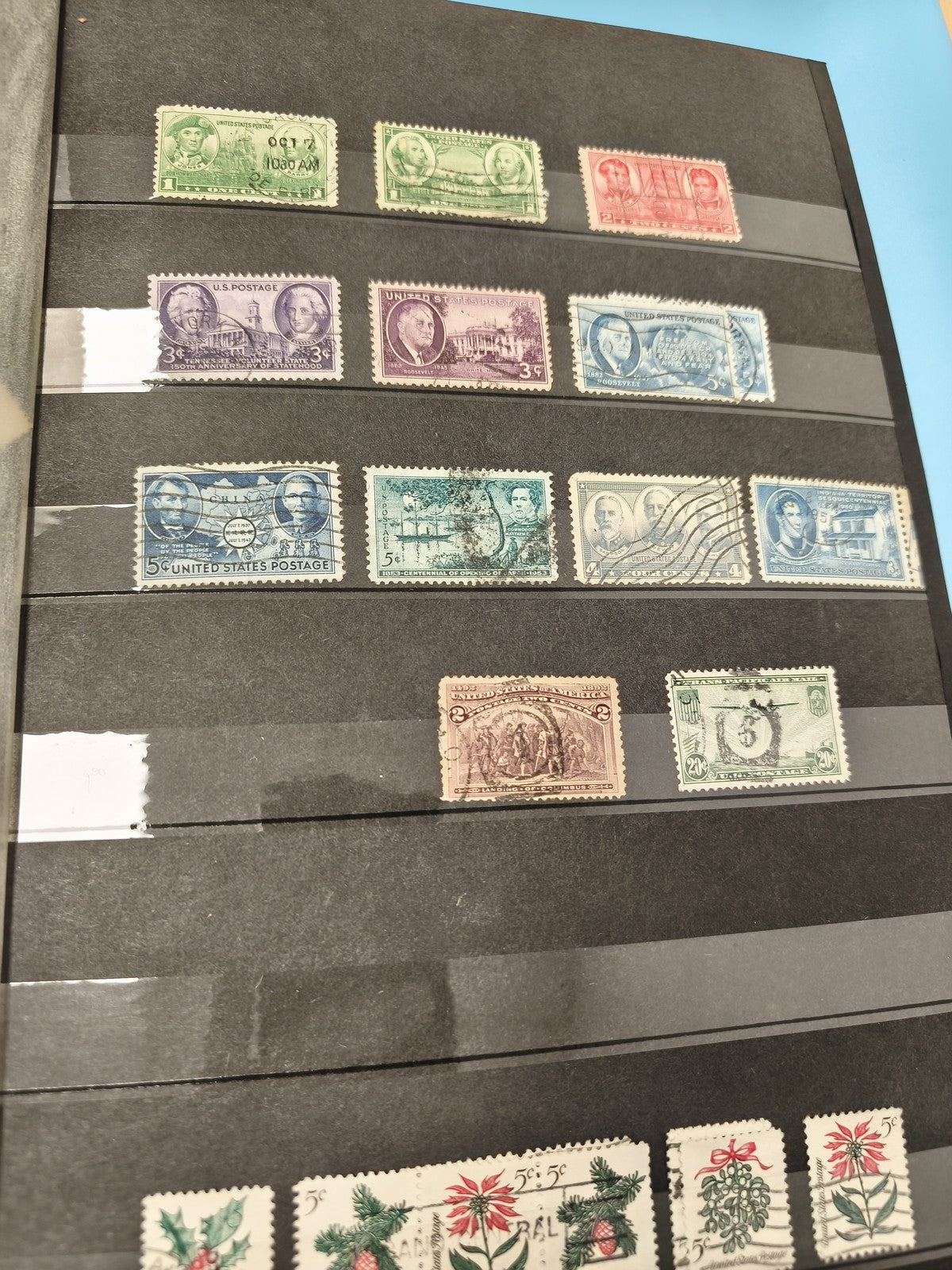 Lot anciens timbres USA oblitérés, collection vintage philatélie, motifs variés