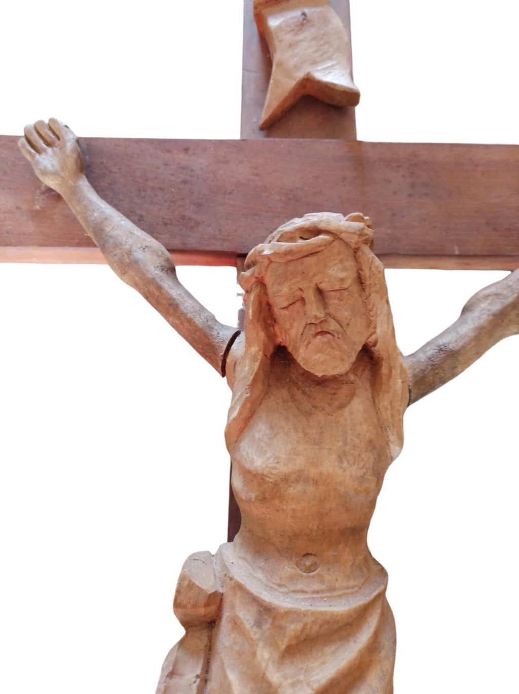 Croix ancienne Jésus bois, Christ sculpté, bras amovibles, crucifix mural