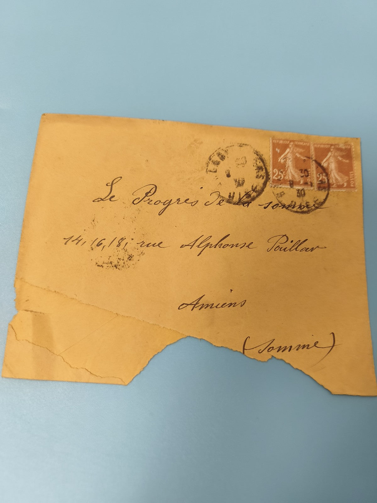 Ancienne enveloppe philatélie timbres 25c orange France Amiens usagée collection