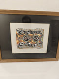 Ancien cadre art aborigène australien, encadrement bois clair, style ethnique