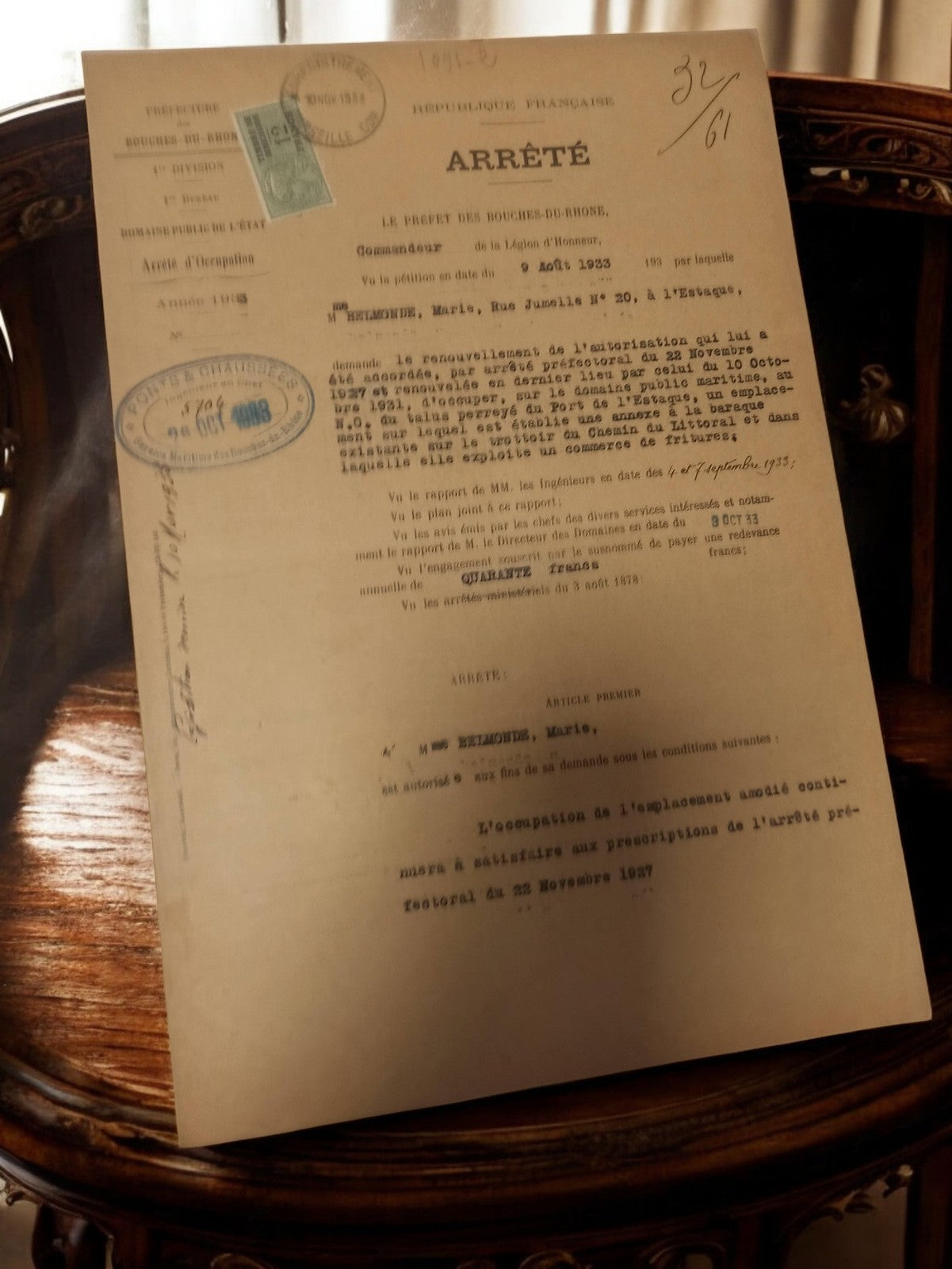Document officiel arrêté préfectoral Bouches-du-Rhône Marseille 1933 vintage