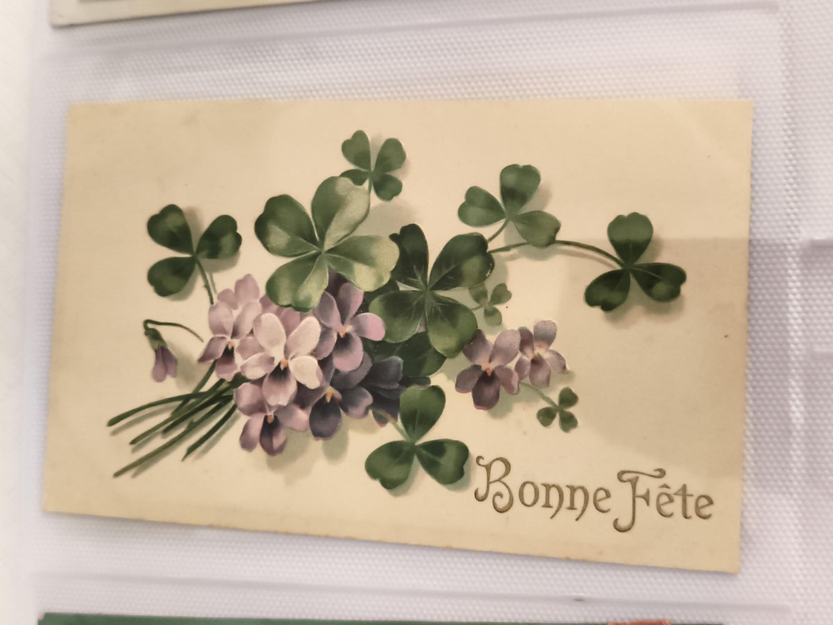 Carte postale ancienne Bonne Fête trèfles violettes illustration vintage CPA
