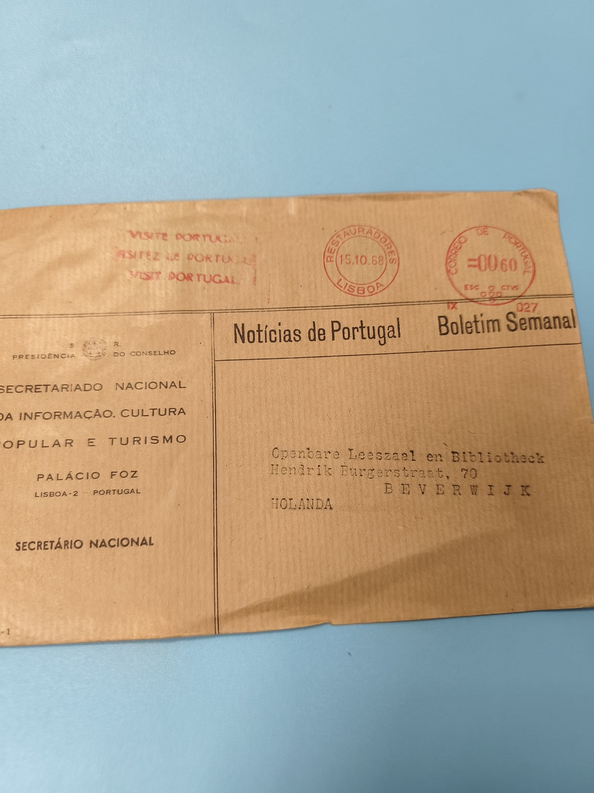 Ancienne enveloppe philatélie Portugal 1968, cachets rouges, collection vintage