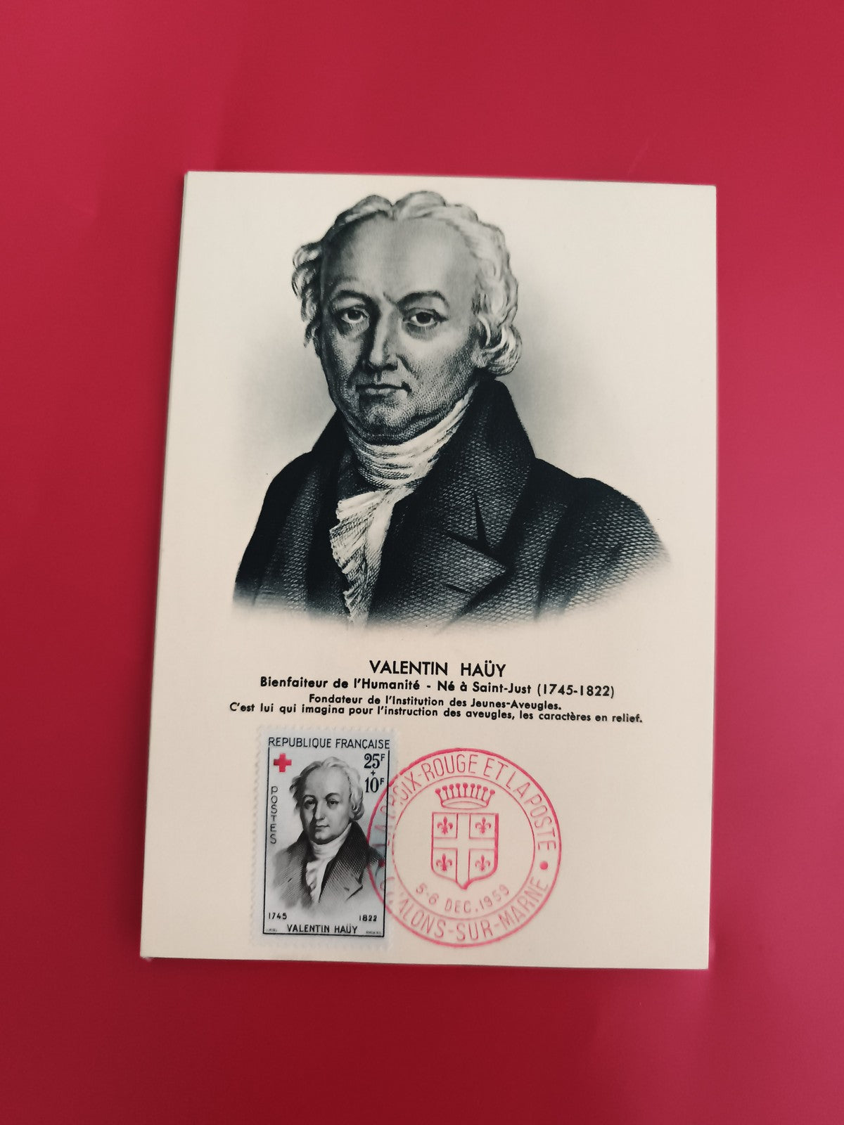 Carte premier jour Valentin Haüy Croix-Rouge France timbre 1949 philatélie (Ref