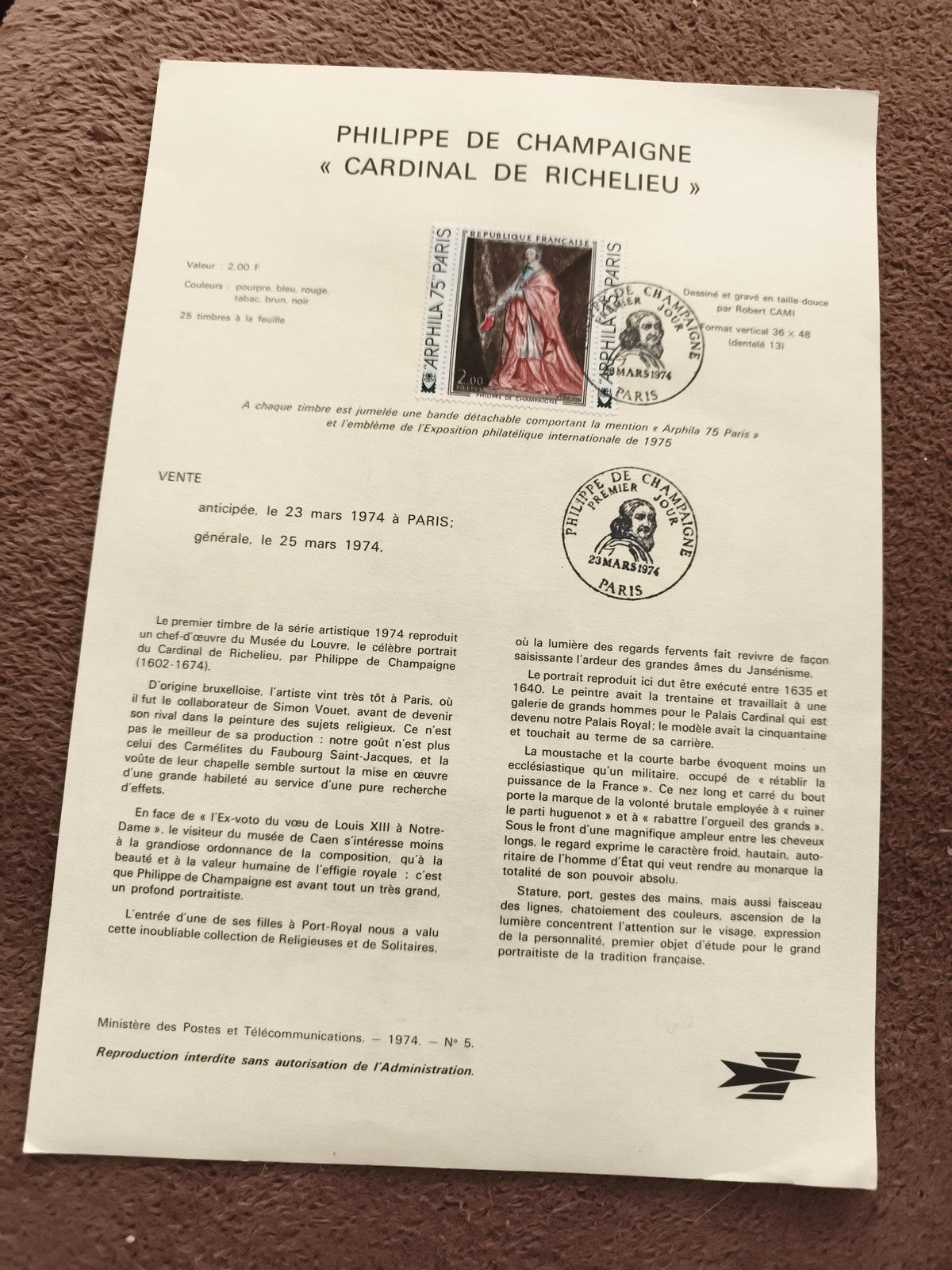 Feuillet philatélique Cardinal de Richelieu 1974, timbre 2F Arphila 75 Paris