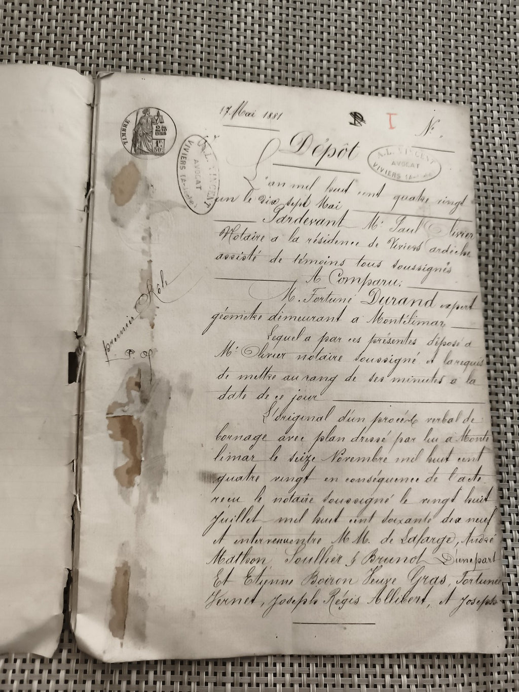 Document manuscrit ancien 1881 notaire Viviers Ardèche tampon encre