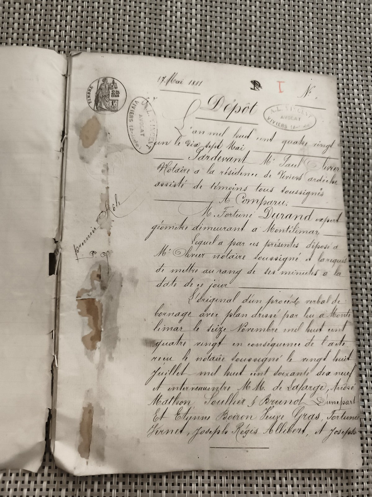 Document manuscrit ancien 1881 notaire Viviers Ardèche tampon encre