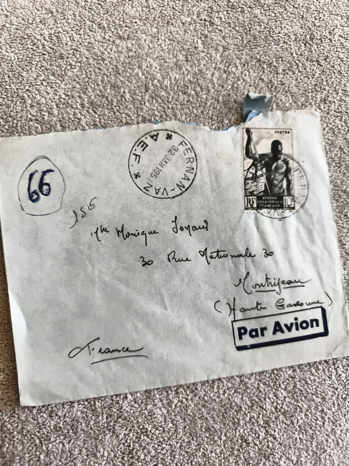 Lettre affranchie Afrique Équatoriale 1951, cachet Fernan-Vaz, Par Avion