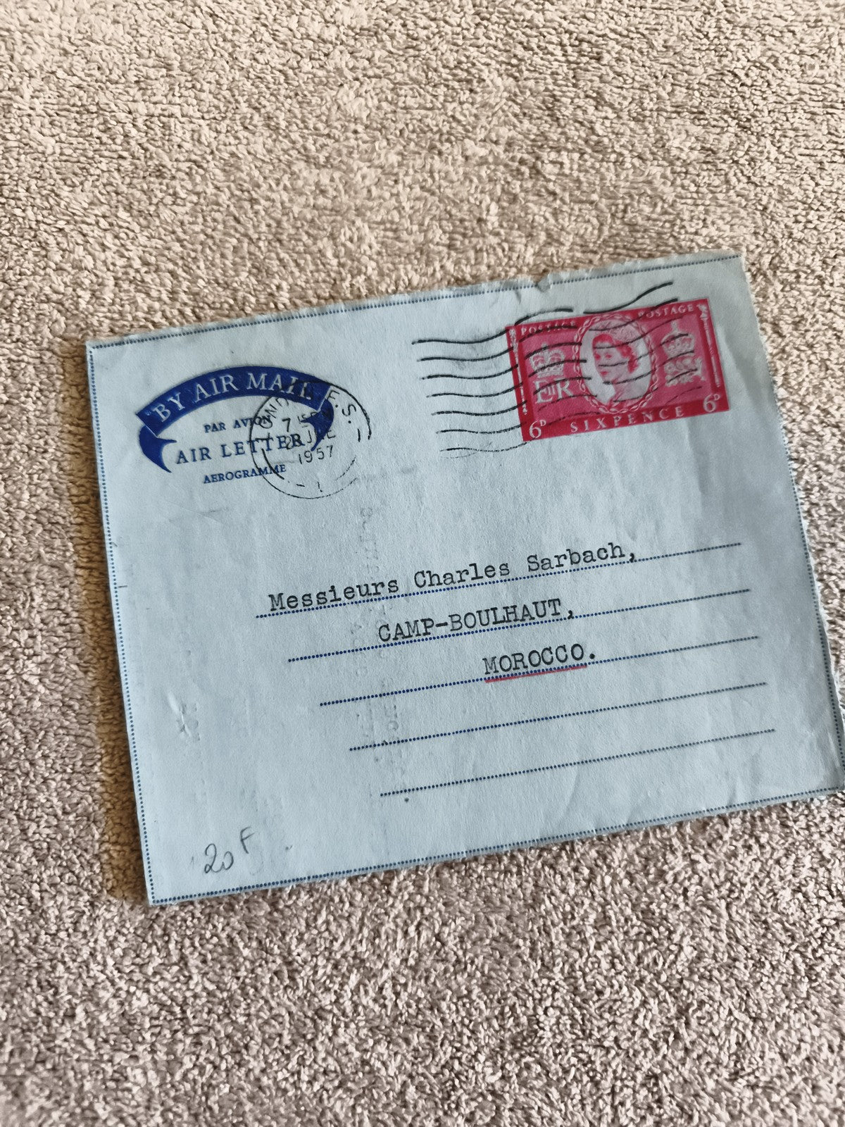 Aerogramme Air Letter 1957 Royaume-Uni timbre 6d Queen Elizabeth II Maroc