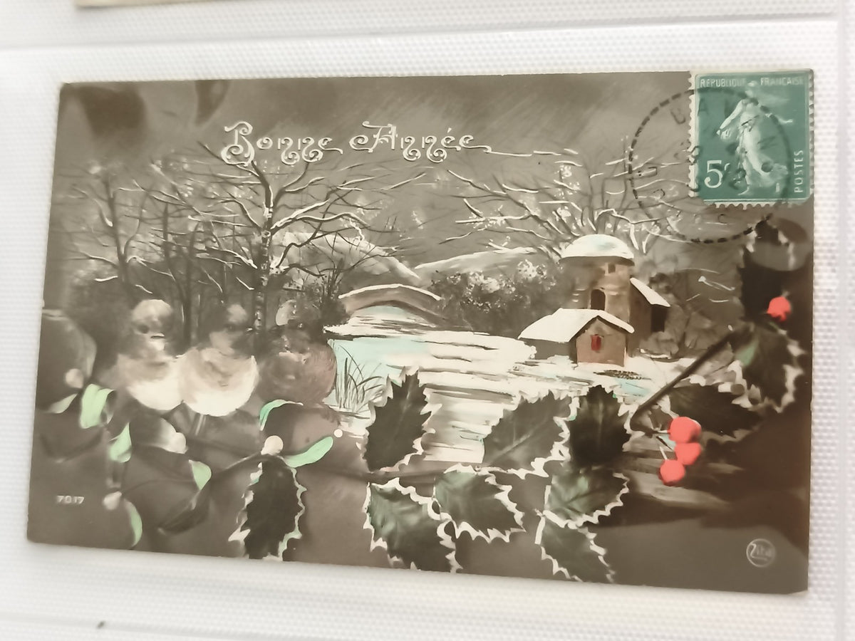 Carte postale ancienne Bonne Année hiver, CPA illustrée houx oiseau affranchie