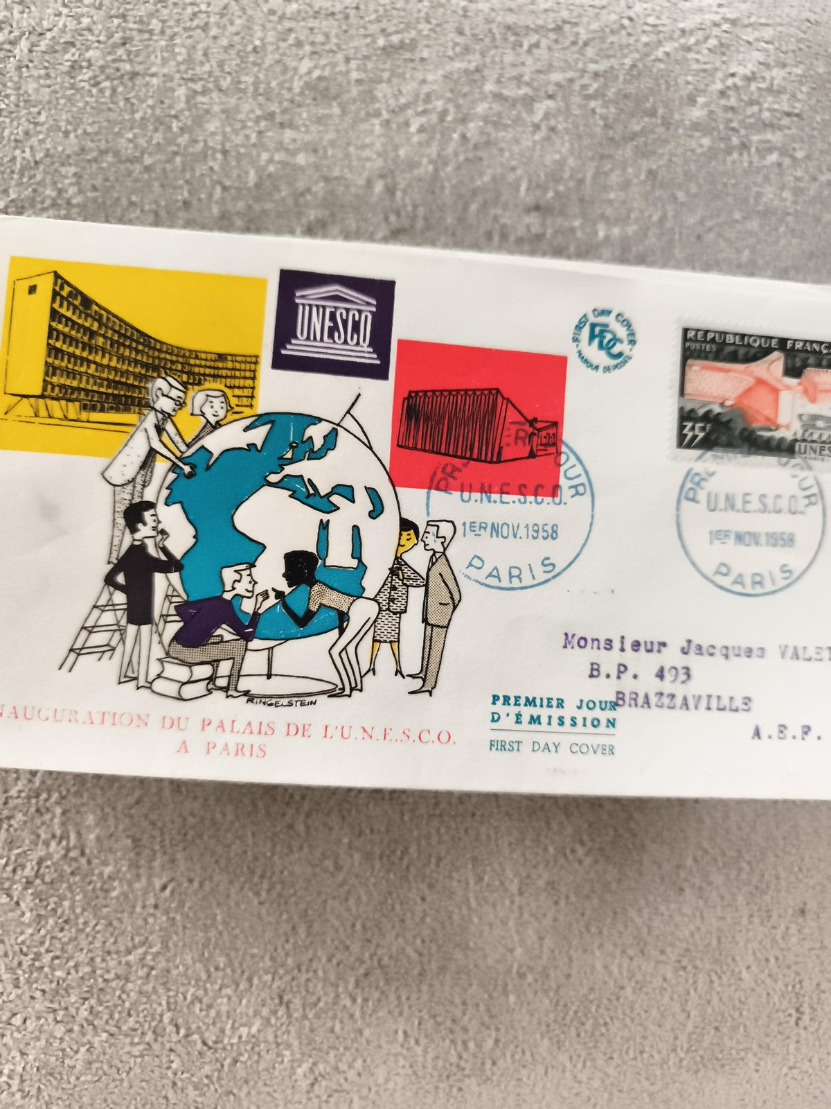 Lettre FDC UNESCO Paris 1958 premier jour émission inauguration philatélie ancie