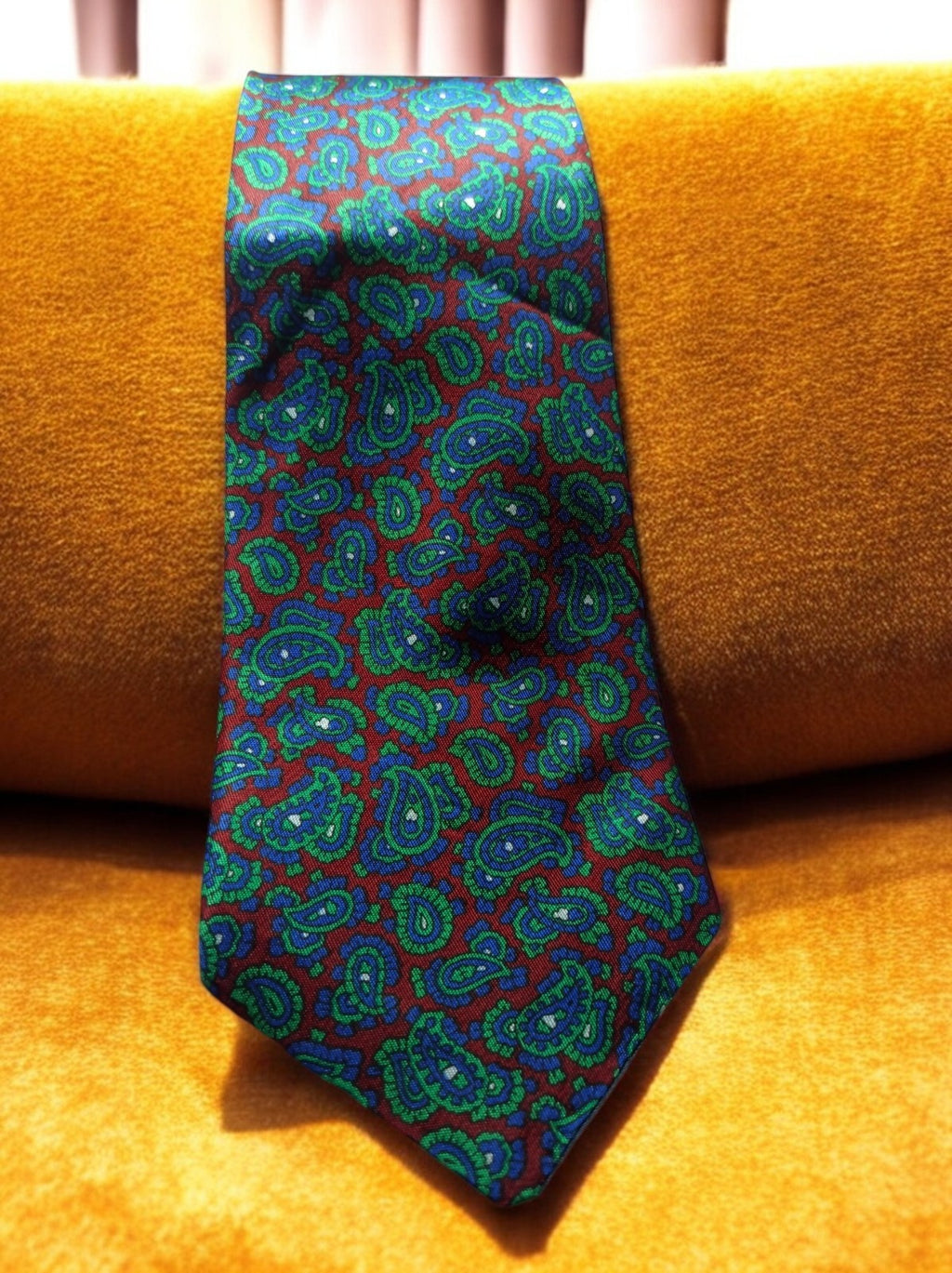 Cravate vintage Misto Leta motif cachemire bleu vert élégant rétro