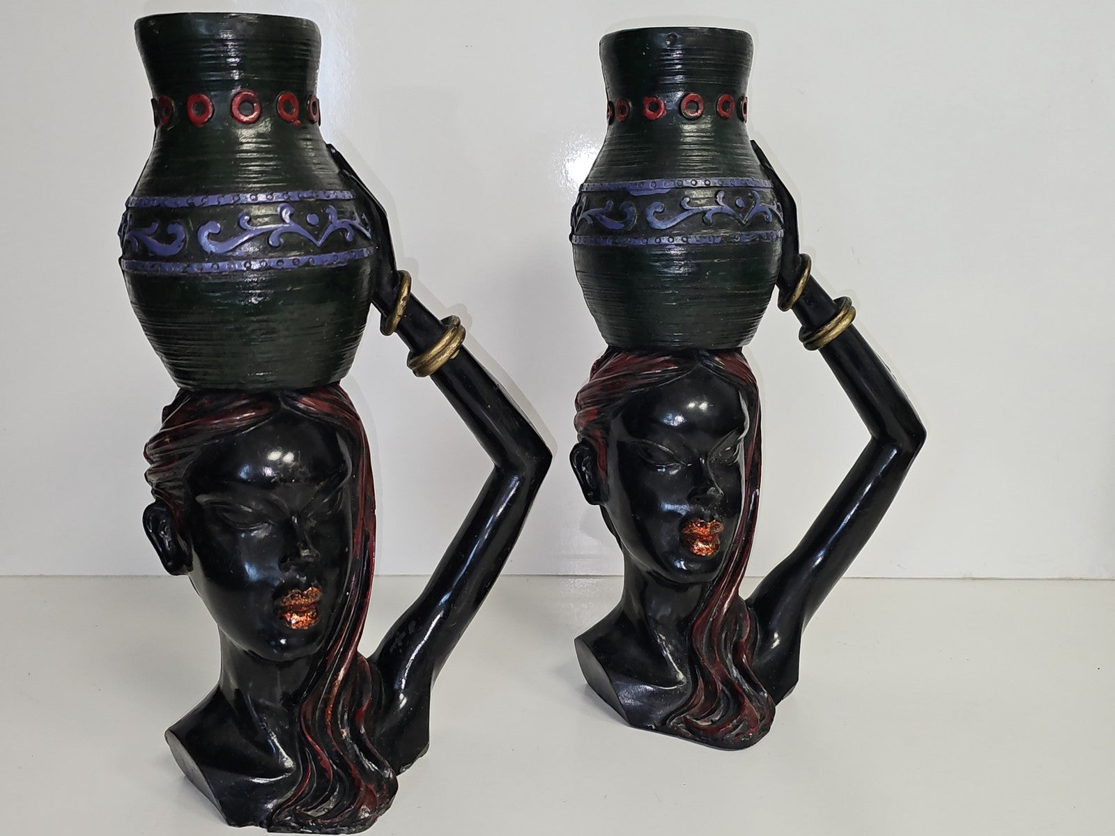 Paire de bougeoirs anciens bois sculpté têtes africaines vintage déco ethnique