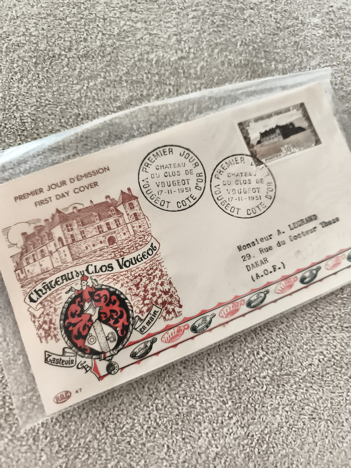 Lettre Premier Jour Clos Vougeot 1951 FDC Château Côte d'Or philatélie ancien