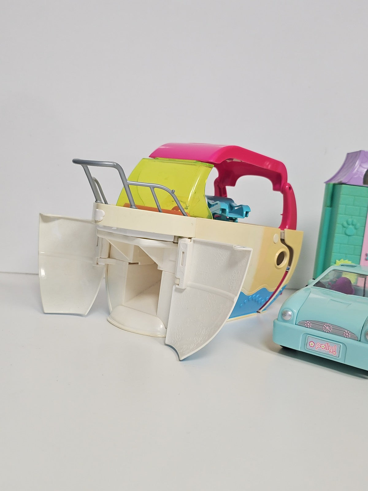 Lot Polly Pocket vintage Ultimate Party Boat, Cruiser Car, Animalerie, Banana Bo