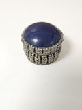 Boîte à bijoux trinket en métal argenté verre bombé bleu cobalt couvercle Inde