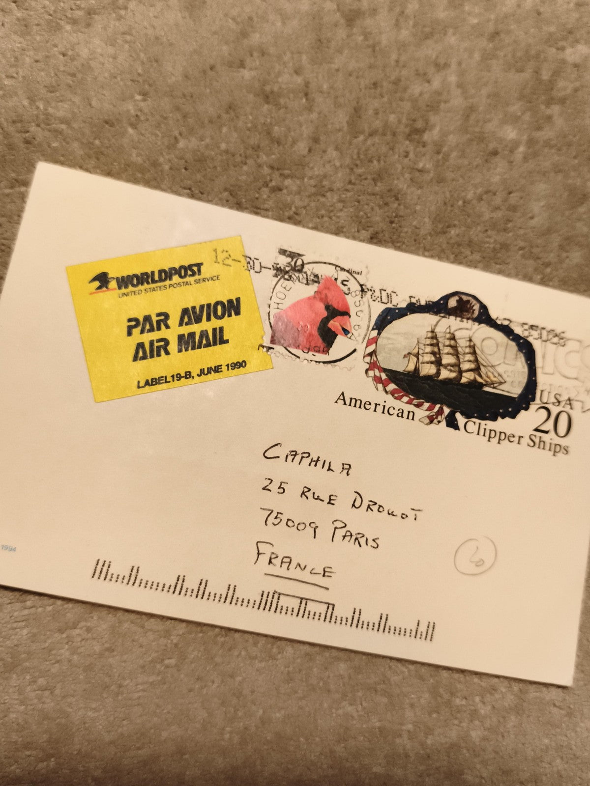Lettre affranchie USA Par Avion 1990 Clipper Ships timbre oiseau (Ref 27)
