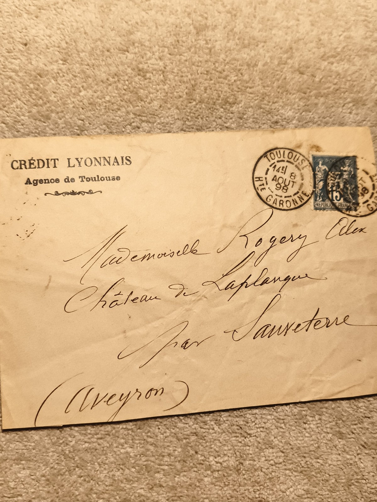 Lettre ancienne Crédit Lyonnais Toulouse 1891 timbre 15c République France