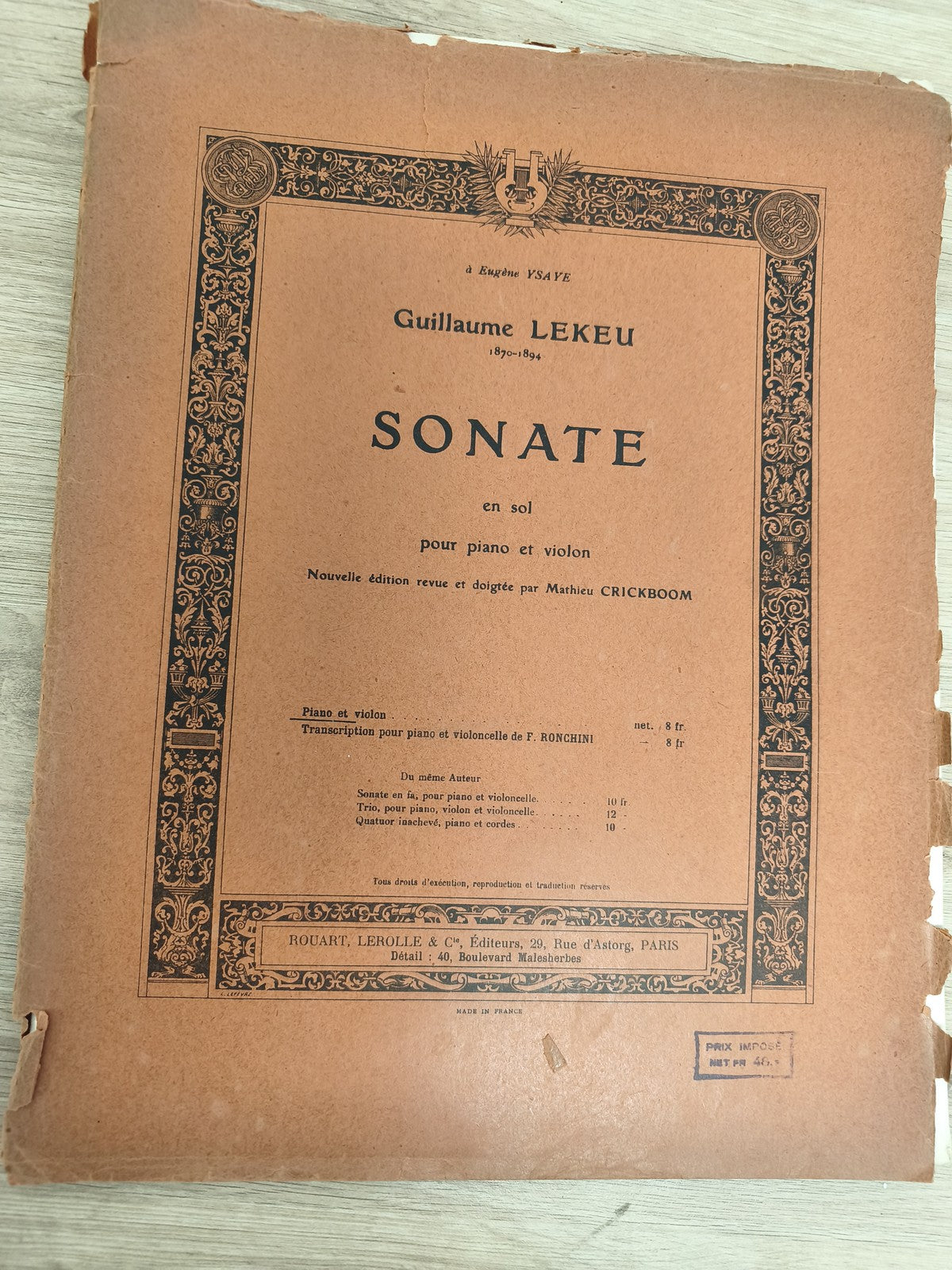 Ancien livre partitions violon piano Guillaume Lekeu Sonate édition Crickboom
