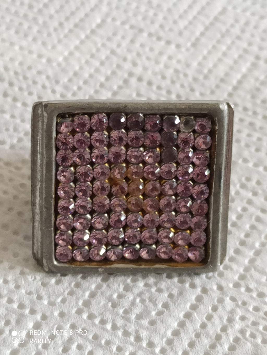 Bague vintage Rigaux France carré cristaux roses, taille 57, rétro années 70