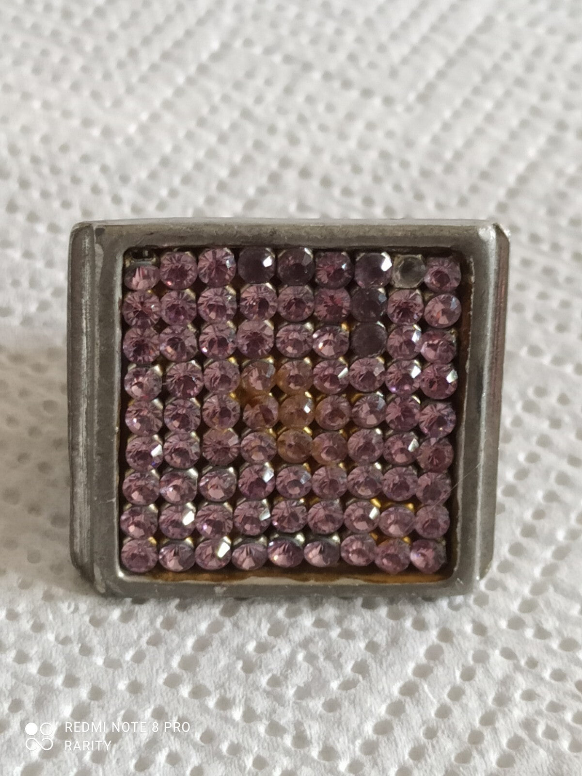 Bague vintage Rigaux France carré cristaux roses, taille 57, rétro années 70