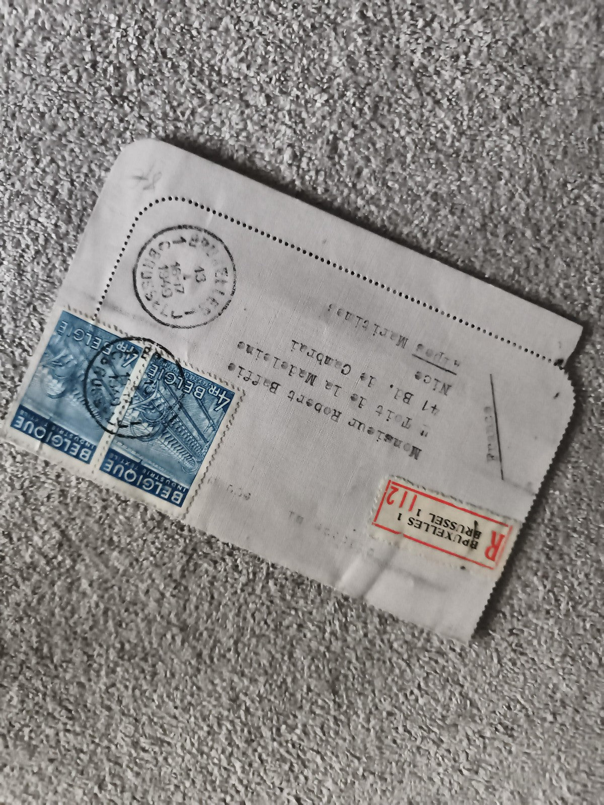 Lettre recommandée Belgique timbres bleus oblitérés Philatélie (Ref 1)