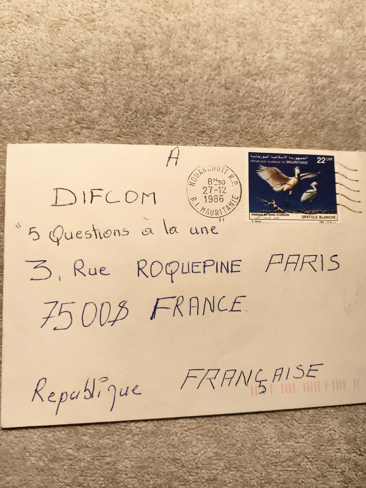 Lettre affranchie Mauritanie 1986, timbre Spatule Blanche, cachet Nouakchott