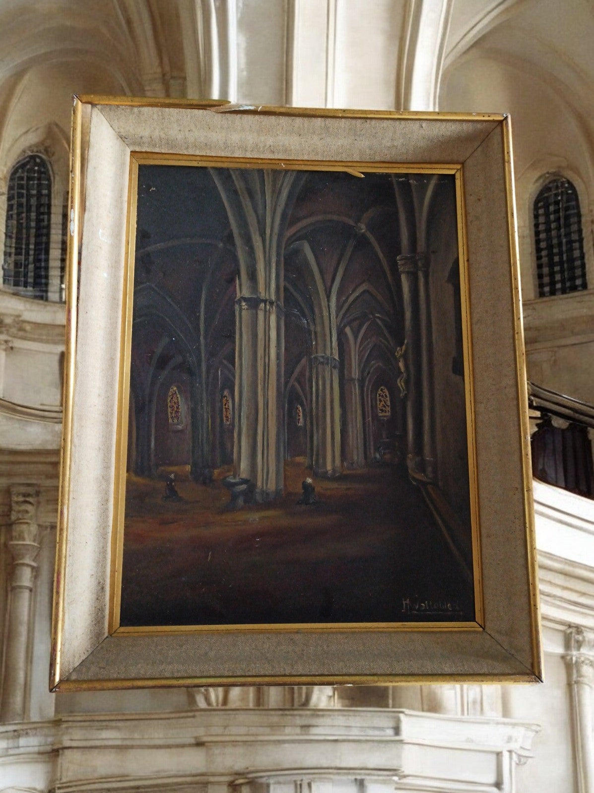 Tableau cathédrale intérieur signé H. Wattebled peinture XIXe encadrée