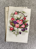 Carte postale fleurie CPA panier de roses et violettes illustration