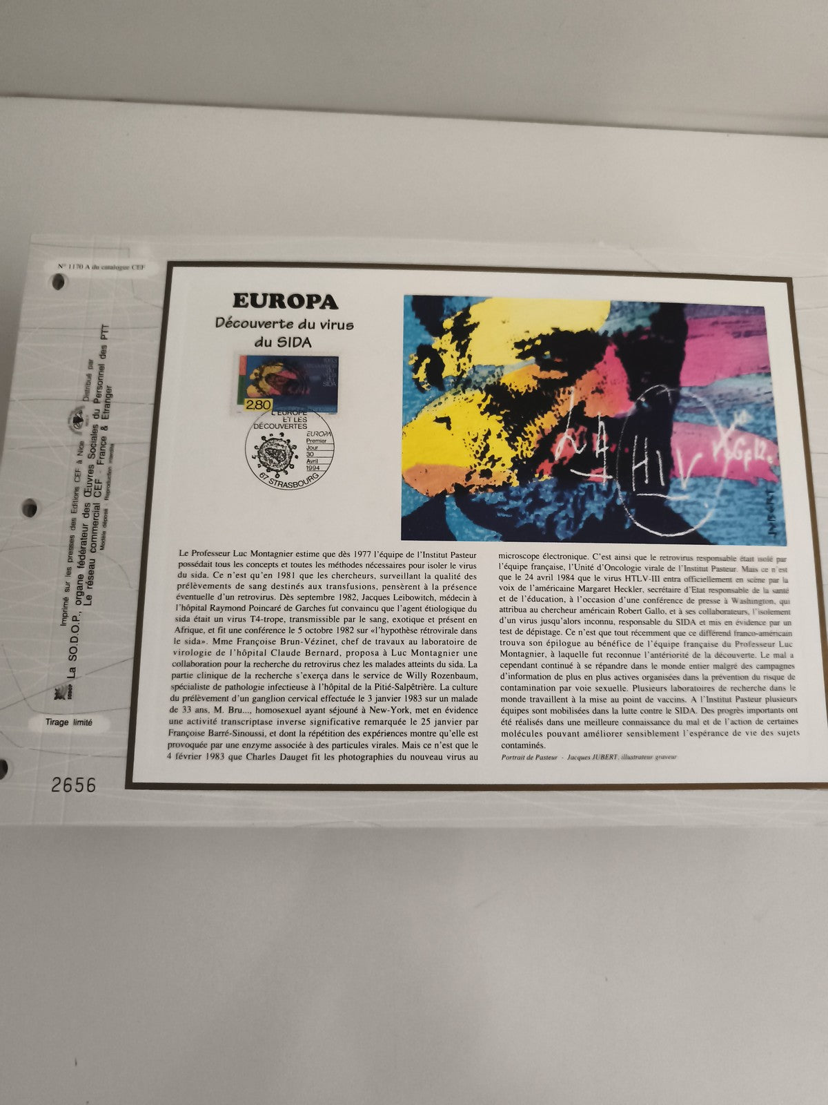 Feuillet CEF Europa Découverte du virus du SIDA oblitéré 1993 philatélie