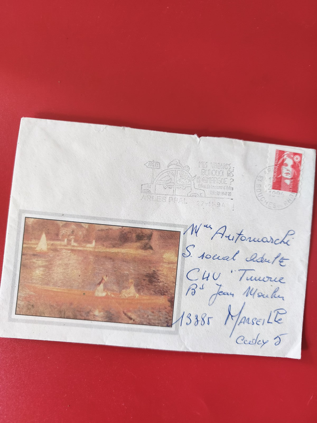 Enveloppe philatélie oblitérée, timbre rouge Marianne, illustration barque, manu