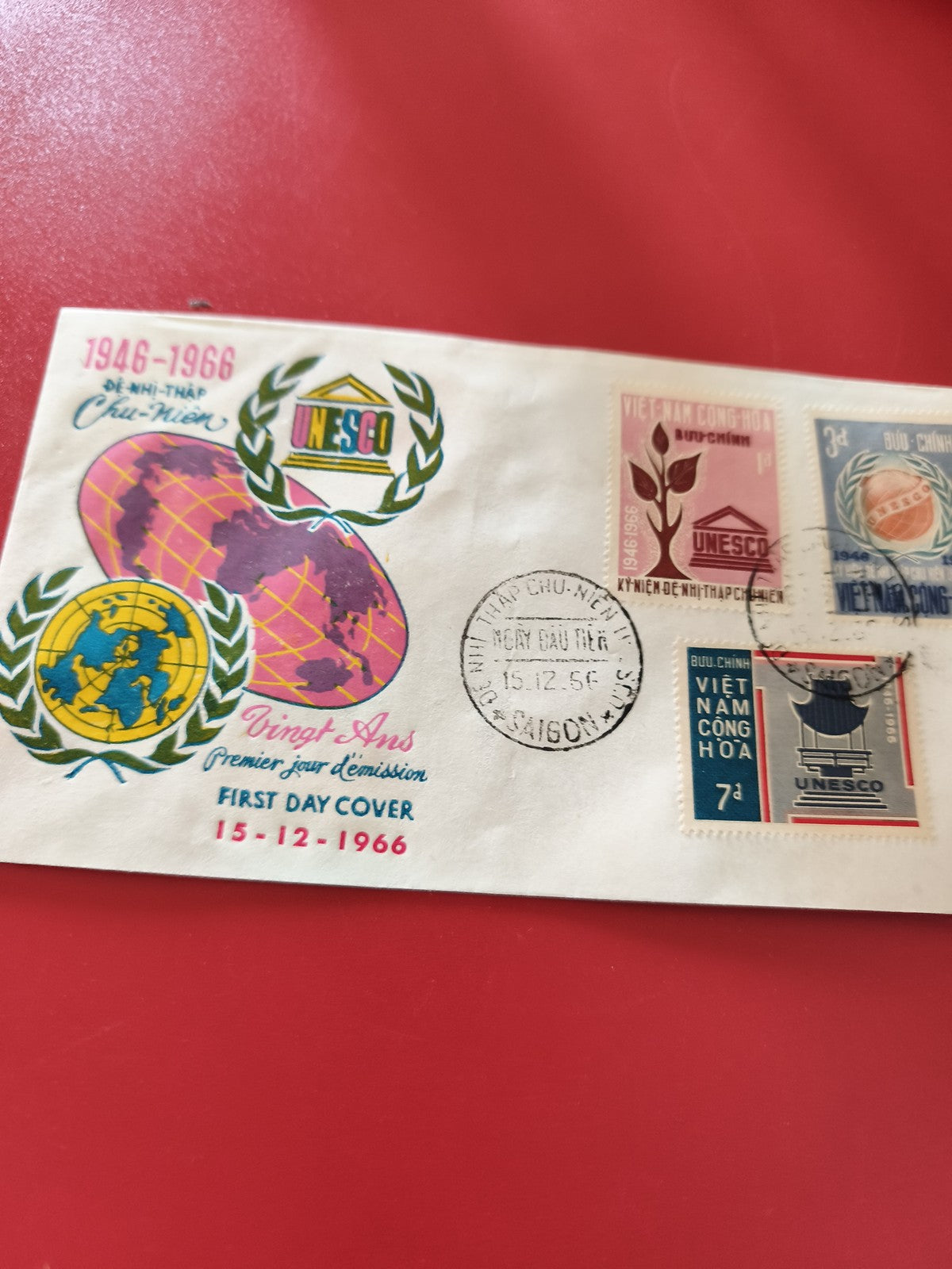 Ancienne enveloppe FDC Vietnam UNESCO 1966, premier jour d?émission, timbres