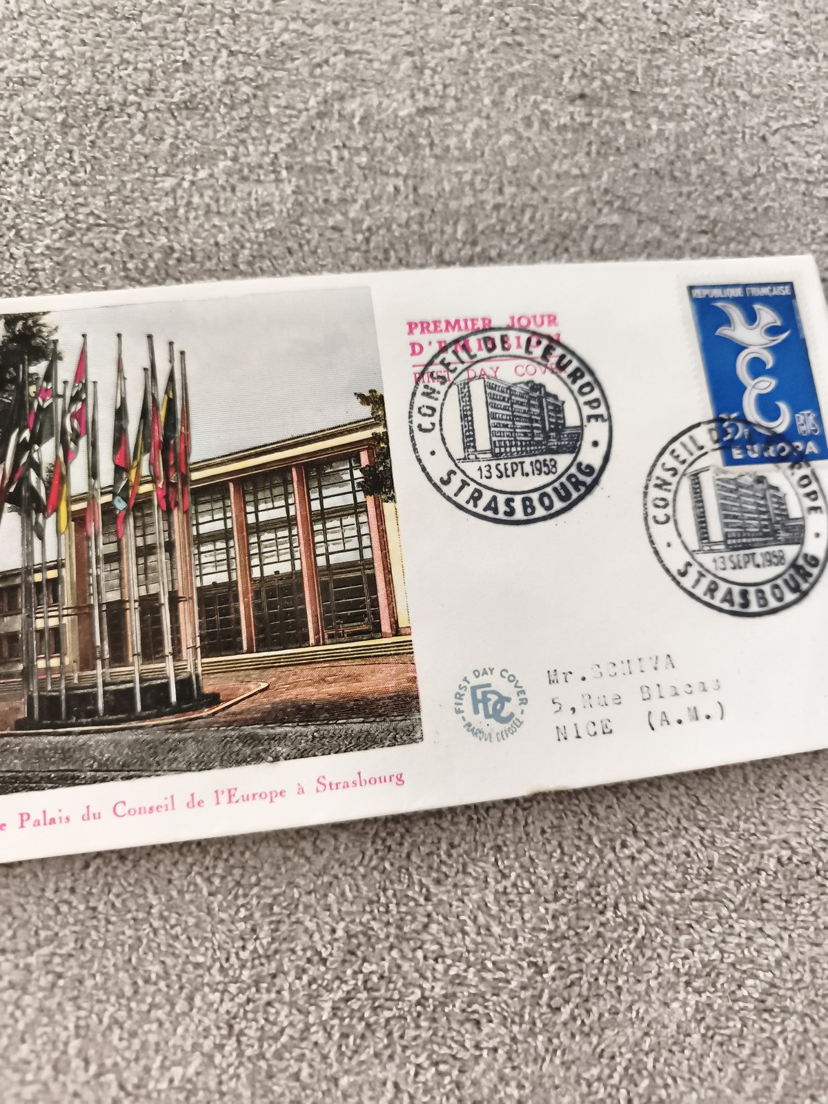 Lettre FDC Strasbourg 1958 Conseil Europe Palais, Premier Jour ancien philatélie