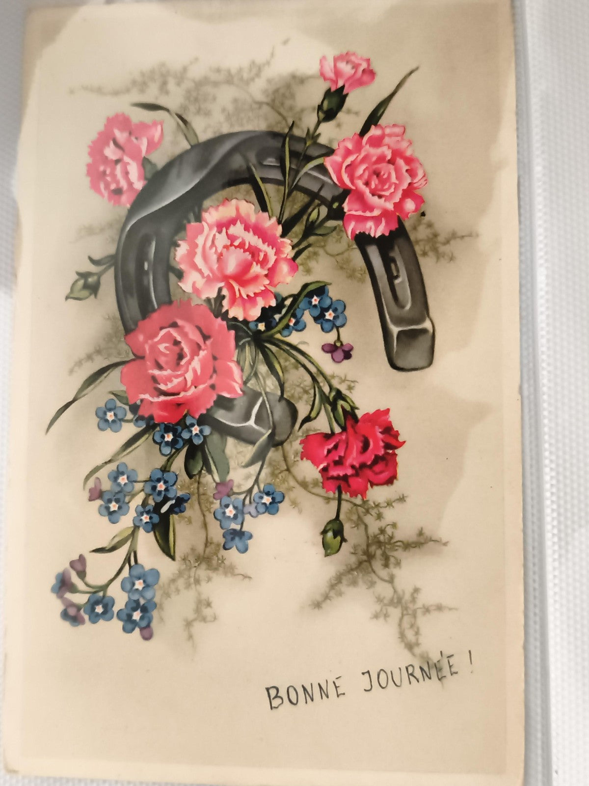 Carte postale ancienne fleurs fer à cheval, illustration vintage "Bonne journée"