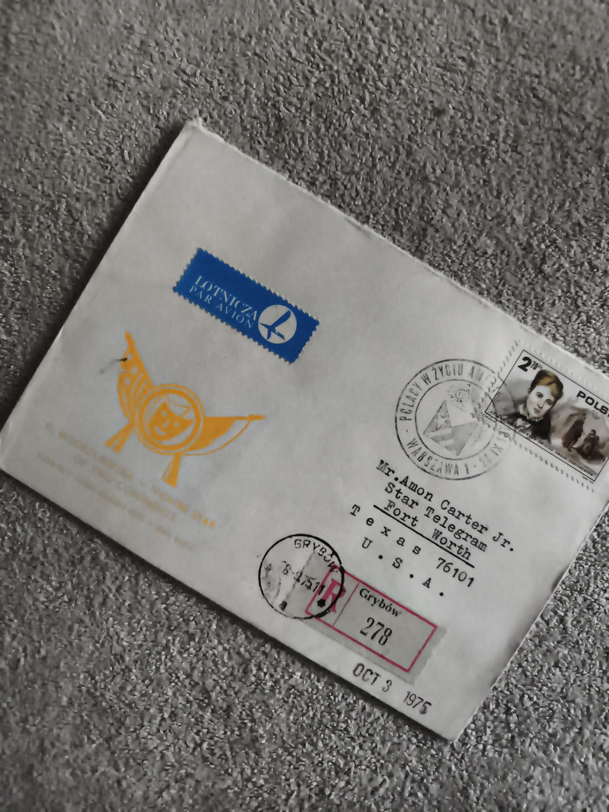 Lettre aérienne Pologne 1975 timbre Chopin cachet Grybów philatélie (Ref 1)