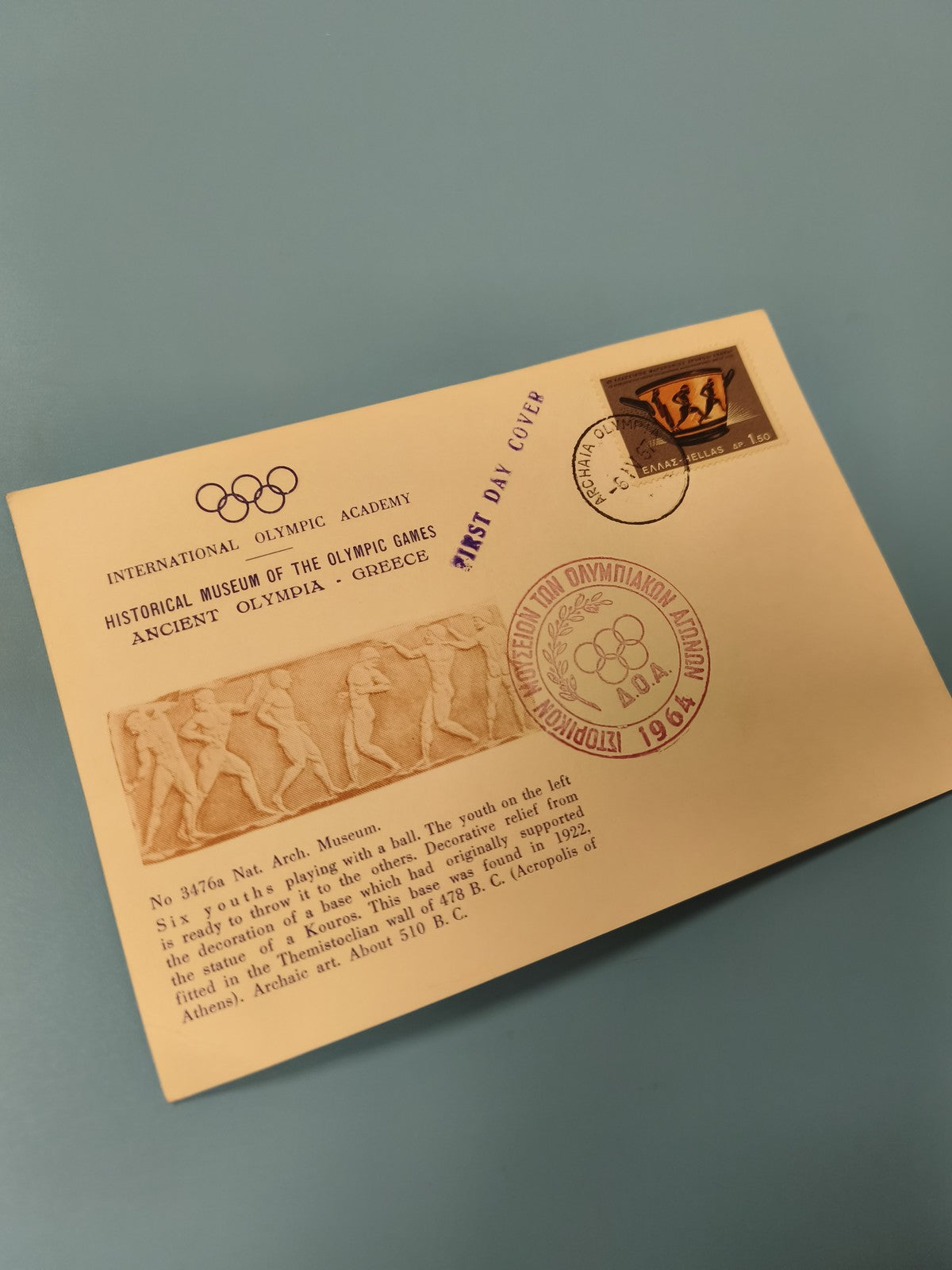 Enveloppe FDC premier jour Olympique Grèce 1964 timbre et cachets visibles
