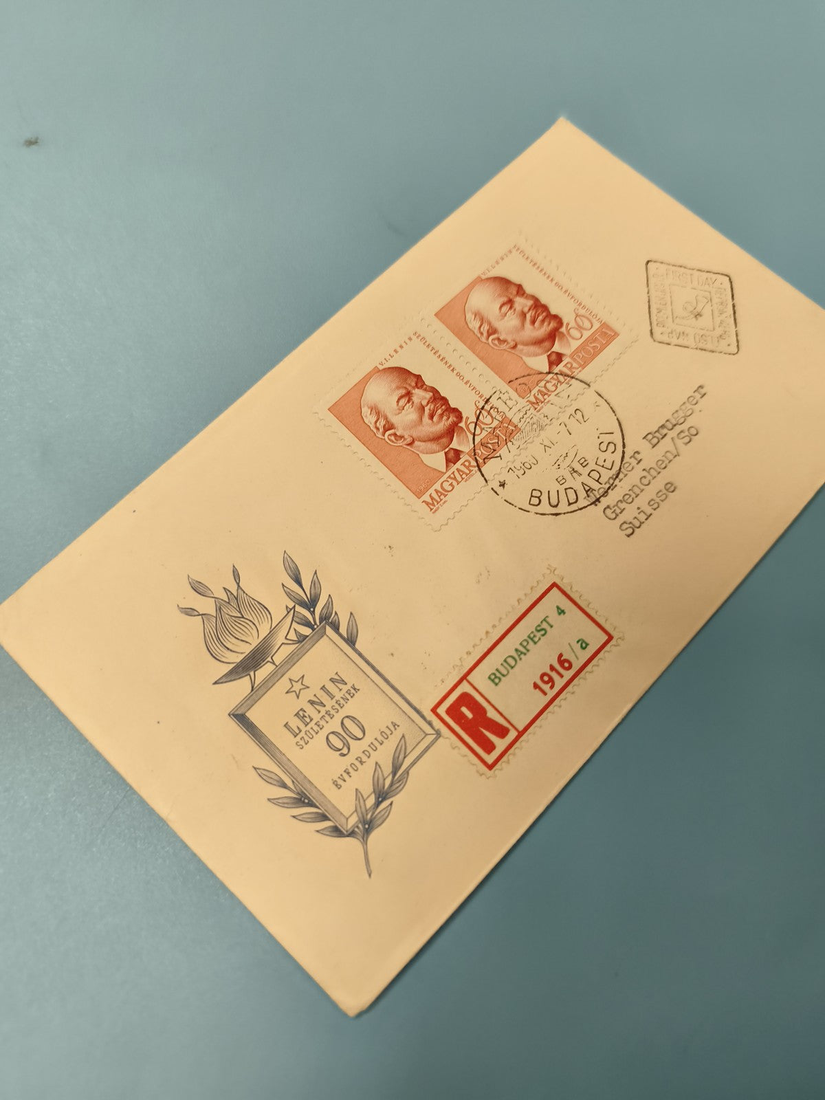 Ancienne enveloppe timbrée Hongrie oblitérée, illustrée Lénine, philatélie colle