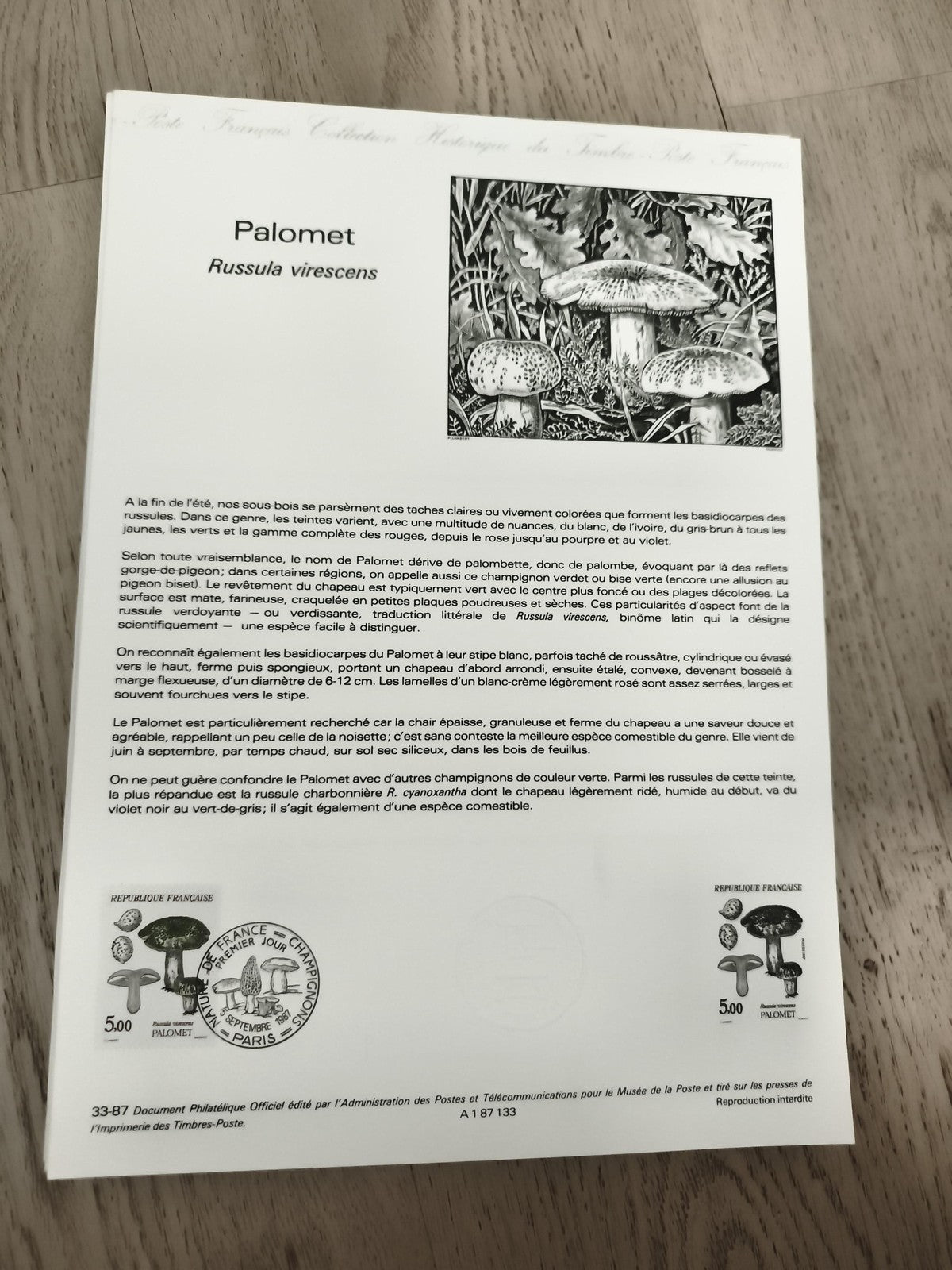 Document philatélique Palomet Russula virescens France timbre 5.00 F champignon
